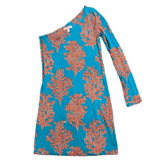 LILLY PULITZER Turquoise Coral Siesta One Sleeve Silk Blend Dress XS - Picture 2 of 10